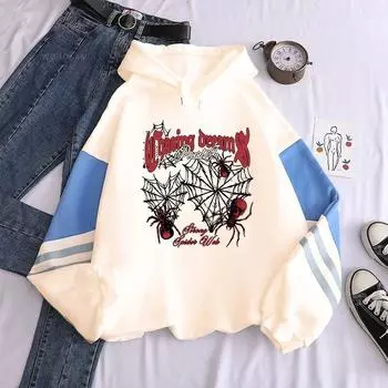 Винтажная толстовка с капюшоном и графическим принтом черепа и паука для мужчин и женщин, повседневная свободная лоскутная толстовка высокого качества, уличная одежда в стиле хип-хоп XS чёрный/белый