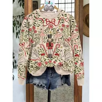 Винтажная толстовка с принтом «Щелкунчик» Толстовка с круглым вырезом и принтом «Щелкунчик», толстовка Casal с длинными рукавами и заниженной линией плеч S