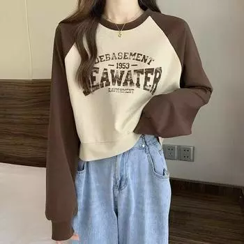 Винтажная тонкая футболка с длинными рукавами, пуловер с буквенным принтом, толстовка, женская одежда, укороченные топы, японская одежда Harajuku Y2K S коричневый