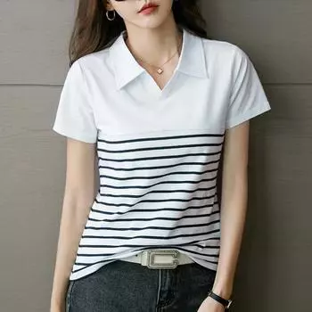 Винтажная тонкая полосатая универсальная тонкая офисная женская рабочая футболка женская летняя корейская тонкая женская футболка с короткими рукавами Za XXXL белый