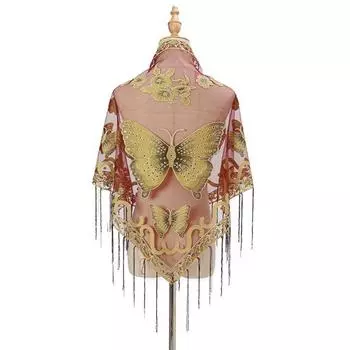 Винтажная треугольная шаль с бахромой, бабочки, цветочный принт, прозрачный тюль, элегантное треугольное одеяло для женщин и девочек, шарф, накидка на шею светло-синий
