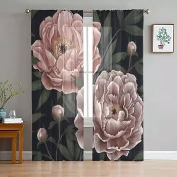 Винтажная Тюлевая оконная занавеска с ботаническими пионами для гостиной, спальни, вуаль, прозрачные шторы, кухонные шторы, занавески 135W x 114H(cm)