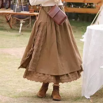 Винтажная юбка Mori из хлопка и льна в стиле пэчворк с кружевом, весенняя универсальная юбка с эластичной резинкой на талии, японская женская юбка А-Linen M хаки