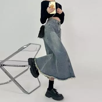 Винтажная юбка средней длины с юбкой-рыбьим хвостом, женская юбка-бюстье с высокой талией, обтягивающая кожу, тонкая джинсовая юбка из мешковины, джинсовая юбка-бюстье S джинсовый