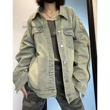 Винтажная уличная джинсовая куртка, женская свободная верхняя одежда на молнии с длинными рукавами, пальто для женщин, осенняя свободная верхняя одежда, женская джинсовая куртка