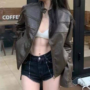 Винтажная уличная кожаная куртка в американском стиле, женская осенняя полуводолазка Spice girl, короткая куртка из искусственной кожи, женская модная марка S 80-49 kg