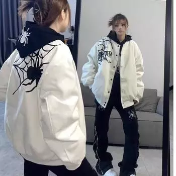 Винтажная уличная куртка с вышивкой паука, бейсбольный трикотаж, топ, осенне-зимняя одежда Y2k, женское свободное пальто для пар M белый
