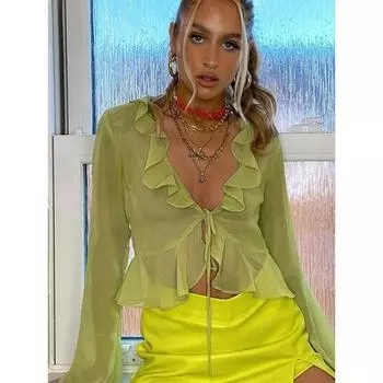 Винтажная уличная одежда 90-х годов с оборками и отделкой из зеленого шифона футболки Y2K Fashion Sexy Deep V Lace Up Long Sleeve Tops Transparent S белый