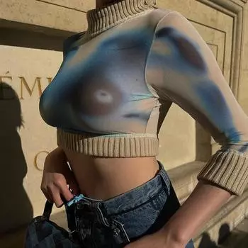 Винтажная уличная одежда 90-х годов, водолазка с принтом Tie Dye, сетчатые футболки Y2K, модные лоскутные укороченные топы с длинными рукавами, женские модные футболки S синий