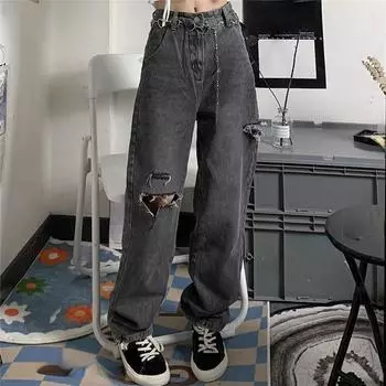 Винтажная уличная одежда, темно-серые джинсы, женские рваные джинсовые брюки с высокой талией Y2K, женские 2024, новый дизайн, свободные широкие брюки S чёрный