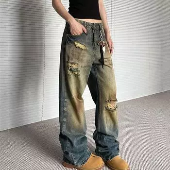 Винтажная уличная одежда, женские джинсы с высокой талией, свободные джинсовые брюки с дырками, женские повседневные прямые брюки, женские S