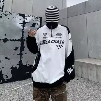 Винтажный уличный толстовка с буквенным принтом, американская строчка, воротник-стойка, толстовки с капюшоном, мужские и женские, с длинным рукавом, хип-хоп, спортивный топ M белый