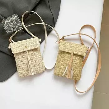 Винтажная уличная сумка через плечо для телефона из соломенной веревки, ручная работа, мини-кошелек для отпуска для женщин и девочек, простой модный чехол для телефона бежевый