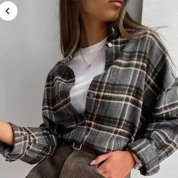 Винтажная универсальная рубашка с лацканами свободного кроя #Клетчатая с длинным рукавом карман Женская рубашка S темно-серого