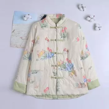 Винтажная утолщенная хлопковая куртка для мамы, зимнее пальто с цветочным принтом, теплая верхняя одежда с хлопковой подкладкой S