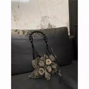 Винтажная в китайском стиле сумка из травы и дерева с рулонами и крашеными розами, плиссированная подмышкой, большая вместительная сумка через плечо