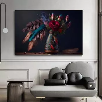 Винтажная ваза, цветы, растения, перья, черный фон, холст, живопись, современное роскошное искусство, модный настенный плакат, принты, фотографии, гостиная, домашний декор 20x30cm No Frame
