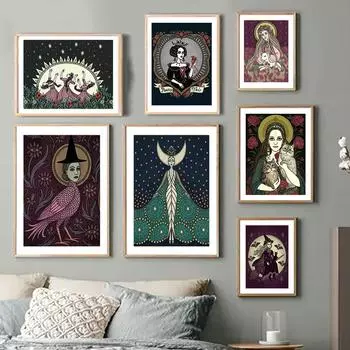 Винтажная ведьма в полночь, настенная живопись на холсте, волшебные постеры с полной луной и принтами, настенные панно для гостиной, домашний декор 21x30cm No Framed белый