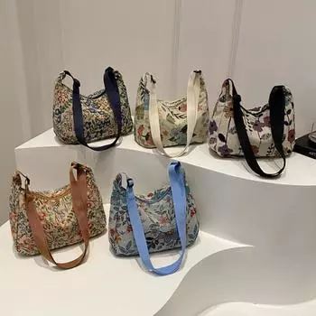 Винтажная вместительная сумка через плечо с цветочным принтом и регулируемым ремнем. Стильная женская сумка через плечо из нейлона разных цветов. 23x9.5x21cm темно-синий