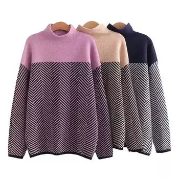 Винтажная водолазка с цветными блоками, свободный и ленивый дизайн, свитер-пуловер One size розовый