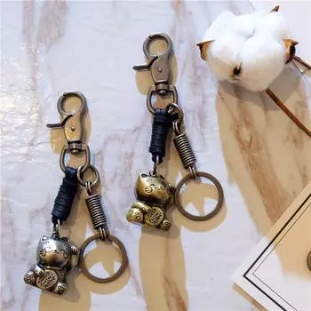 Винтажная воловья кожа с металлической подвеской Lucky Cat, кожаный брелок ручной работы в стиле панк чёрный