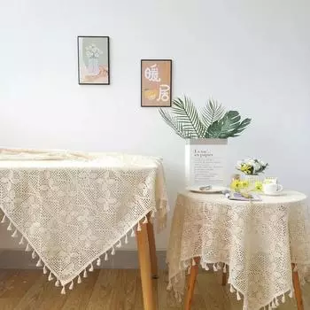 Винтажная вязаная крючком скатерть с ажурным бежевым кружевом, прямоугольная, не мнется, скатерть для кухни, обеденной вечеринки, свадебных украшений 100X140CM