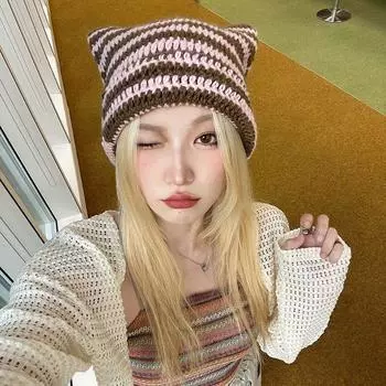Винтажная вязаная полосатая теплая шерстяная шапка с маленьким дьяволом, женская симпатичная кошачья шапка-пуловер, стильная шапка в стиле знаменитостей из Интернета M56-58cm