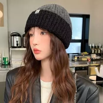 Винтажная вязаная шерстяная шапка, модная нашивка, кашемировая вязаная шапка, осенне-зимняя теплая защитная сумка для ушей, холодная шапка для женщин M56-58cm чёрный
