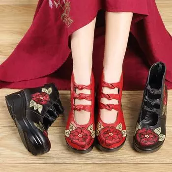 Винтажная вышитая обувь из натуральной кожи для женщин Туфли на высоком каблуке и танкетке 35 красный