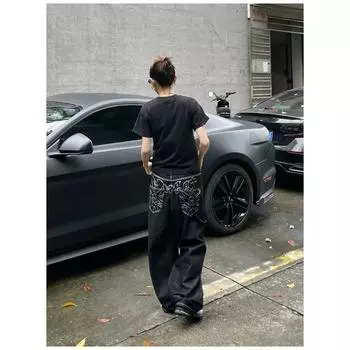 Винтажная вышивка Черные джинсы Оверсайз Уличная одежда Гранж Y2k Мешковатые джинсовые брюки Джинсы бойфренда Хип-хоп Готика S чёрный
