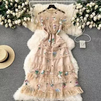 Винтажная вышивка летние красочные цветочные платья для женщин круглый вырез короткий рукав тонкие оборки кружева сетка вечерняя одежда S бежевый