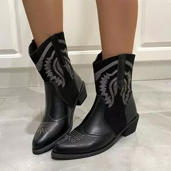 Винтажная вышивка женские ботильоны модные остроносые туфли на толстом каблуке осень-зима женские короткие Botas De Mujer 35