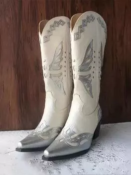 Винтажная вышивка женские ковбойские сапоги в стиле вестерн модные туфли без застежек осень-зима квадратный каблук дамские рыцарские длинные сапоги 35