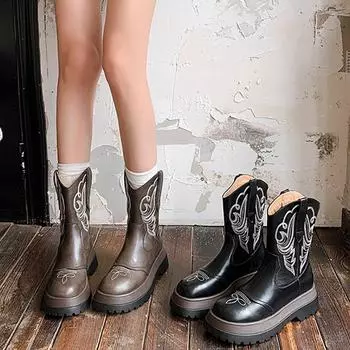 Винтажная вышивка женские ковбойские сапоги в стиле вестерн модные молнии обувь осень-зима толстый каблук дамы рыцарь полусапожки 35