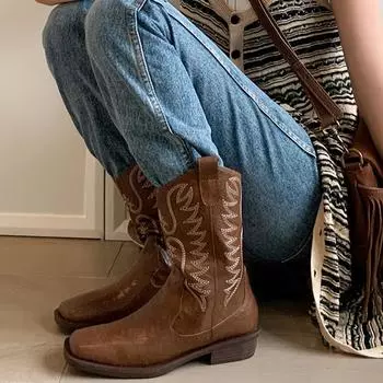 Винтажная вышивка женские ковбойские сапоги в стиле вестерн модные элегантные туфли без застежек на квадратном каблуке женские рыцарские полусапожки до середины голени 35