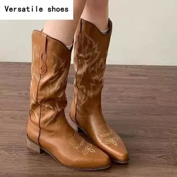Винтажная вышивка женские сапоги до колена в стиле вестерн модные туфли с острым носком осень-зима толстый каблук дамские длинные сапоги рыцаря 35