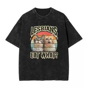 Винтажная выстиранная футболка Eat What Funny Cat Humor Хлопковые футболки Тренд Футболка для мужчин Лето Y2K Ретро футболки S
