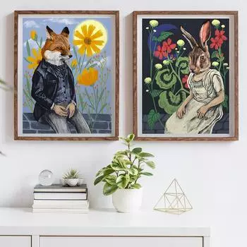 Винтажная забавная голова животного, человеческое тело, холст, картина, абстрактный постер, лиса, кролик, портретный постер, печать, настенные художественные фотографии для комнаты 21cm30cm NoFrame