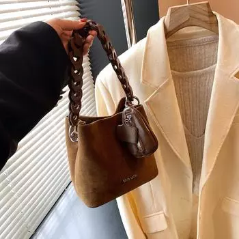 Винтажная замшевая сумка-ведро Женская модная высококачественная уникальная плетеная сумка Замшевая сумка через плечо Маленькая сумочка