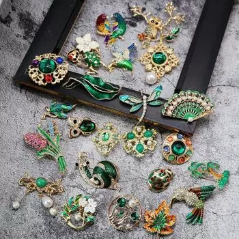 Винтажная зеленая брошь в виде растения и животного, глазурованные листья, птица, животное, булавка, свадебный шарф, игла, брошь