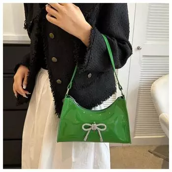Винтажная зеленая лакированная кожаная блестящая алмазная бантовая сумка на одно плечо, новая женская элегантная сумка на молнии подмышкой, дорожная сумка