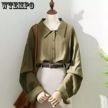 Винтажная зеленая рубашка, весенне-осенняя женская рубашка, солнцезащитная рубашка с дизайном, маленькая популярная свободная модная рубашка, топ S белый