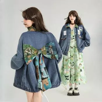 Винтажная жаккардовая джинсовая куртка женская свободная универсальная одежда французский стиль весна осень XL синий