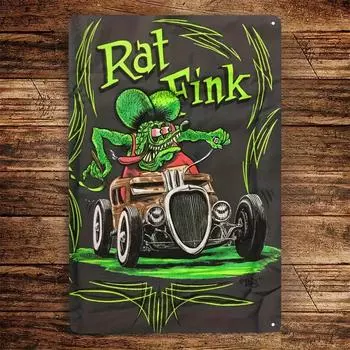 Винтажная железная вывеска Rat Fink, классический хот-род, настенное искусство для бара, гаража, предварительно просверленная настенная металлическая табличка чёрный