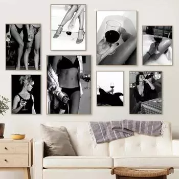 Винтажная женщина пьет красное вино Плакат феминистский черно-белый сексуальные девушки холст картина настенное искусство бар ванная комната домашний декор 21cm30cm NoFrame