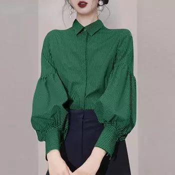 Винтажная женская блузка 2022, осень-весна, элегантная модная рубашка с рукавами-фонариками, свободные полосатые топы с лацканами, зеленая рубашка на пуговицах S зелёный