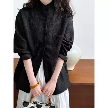 Винтажная женская блузка с жаккардовым воротником-стойкой, осенняя осенняя женская блузка премиум-класса с ощущением мышц, пригородные топы M чёрный