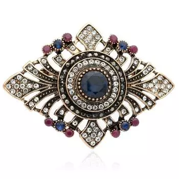 Винтажная женская брошь антикварного золотого цвета, богемная брошь, украшенная драгоценностями, цветочная булавка для шарфа синий