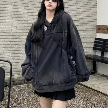 Винтажная женская джинсовая толстовка-куртка свободного кроя с капюшоном, пуловер, модная весна-осень XXXL