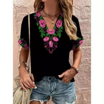 Винтажная женская футболка Этнический принт Харадзюку Летняя Повседневная Уличная V-образный вырез Короткий рукав S